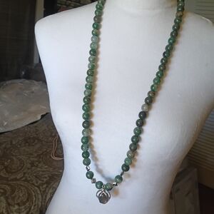 Vintage African Jade Gemstones with Sterling Silver Pendant Necklace 32 Inches